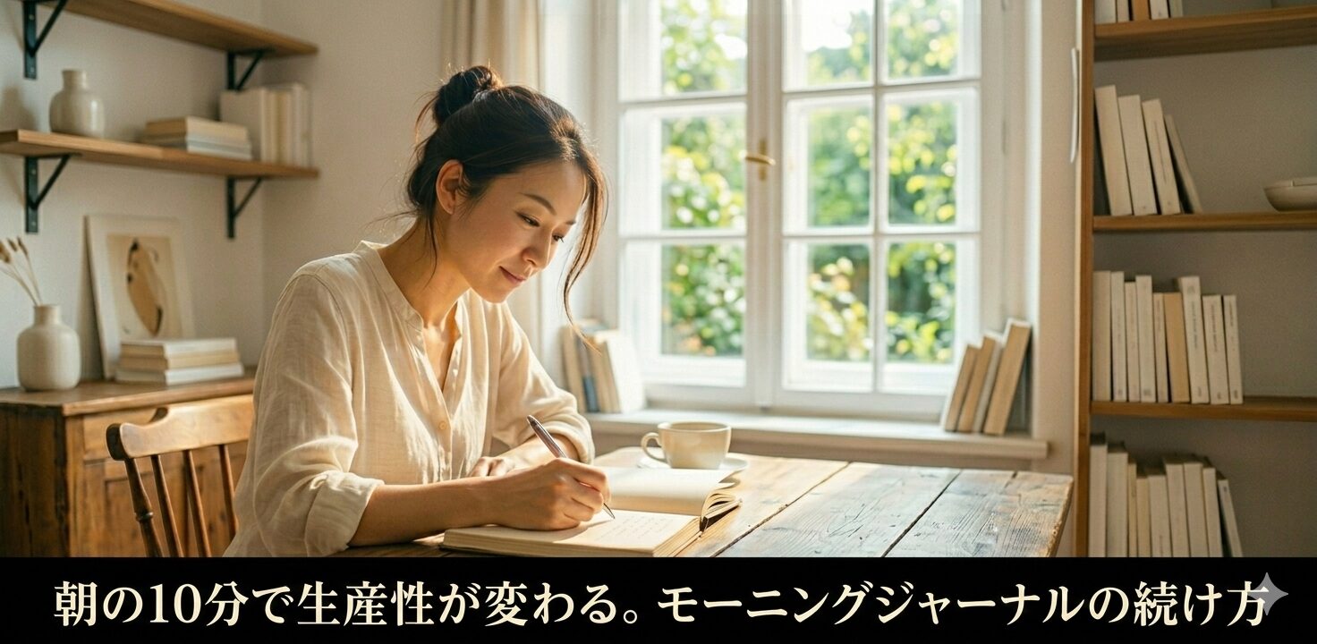 朝の10分で生産性が変わる。失敗から見つけたモーニング・ジャーナリングのリアルな続け方という記事で日記を書いている様子を表した画像です。